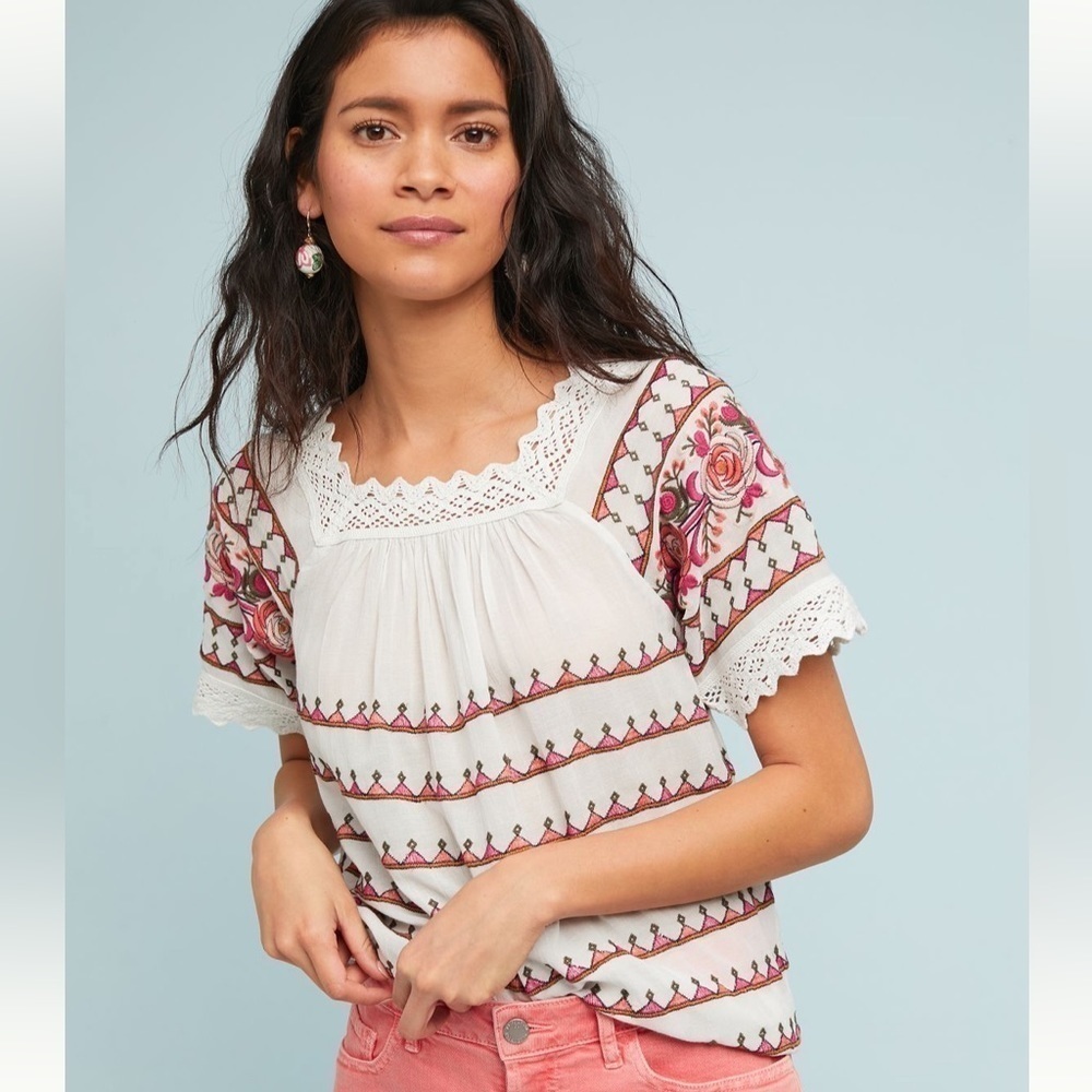 Anthropologie White Chevron Pink Blouse sz S